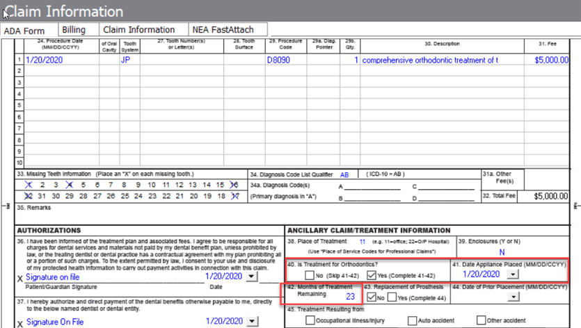 implementing orthodontics in claim creation